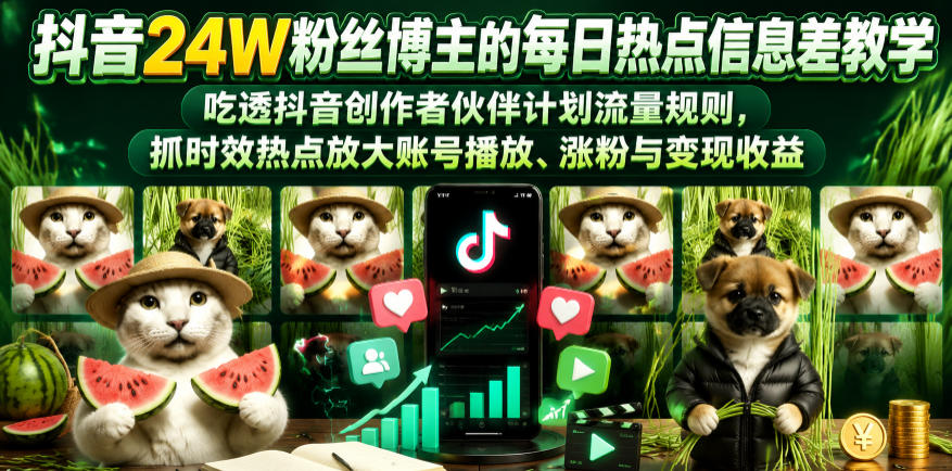 抖音24W粉丝博主的每日热点信息差教学，吃透创作者伙伴计划流量规则，抓时效热点放大账号播放、涨粉与变现收益-AI学习资源网
