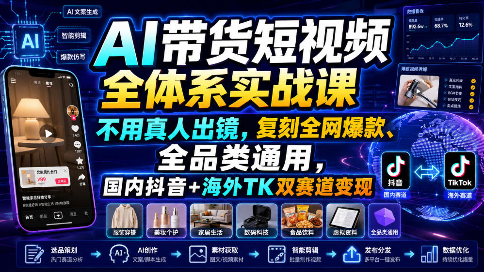 AI带货短视频全体系实战课,不用真人出镜,复刻全网爆款、全品类通用,国内抖音+海外TK双赛道变现-AI学习资源网